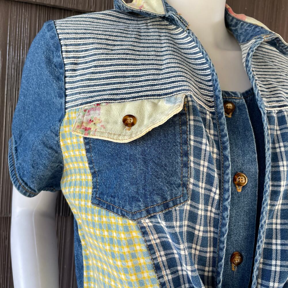 š„VTG Nina Piccalino Denim Dress Fit & Flare Button Down Patchwork Boho Cottage - Picture 5 of 14